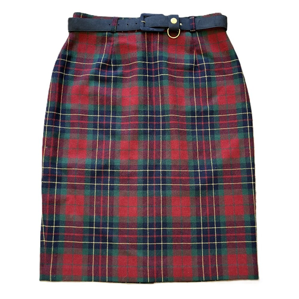 Wool Plaid Pencil Skirt Red/Green Tartan with Belt Vintage Proportion Petites